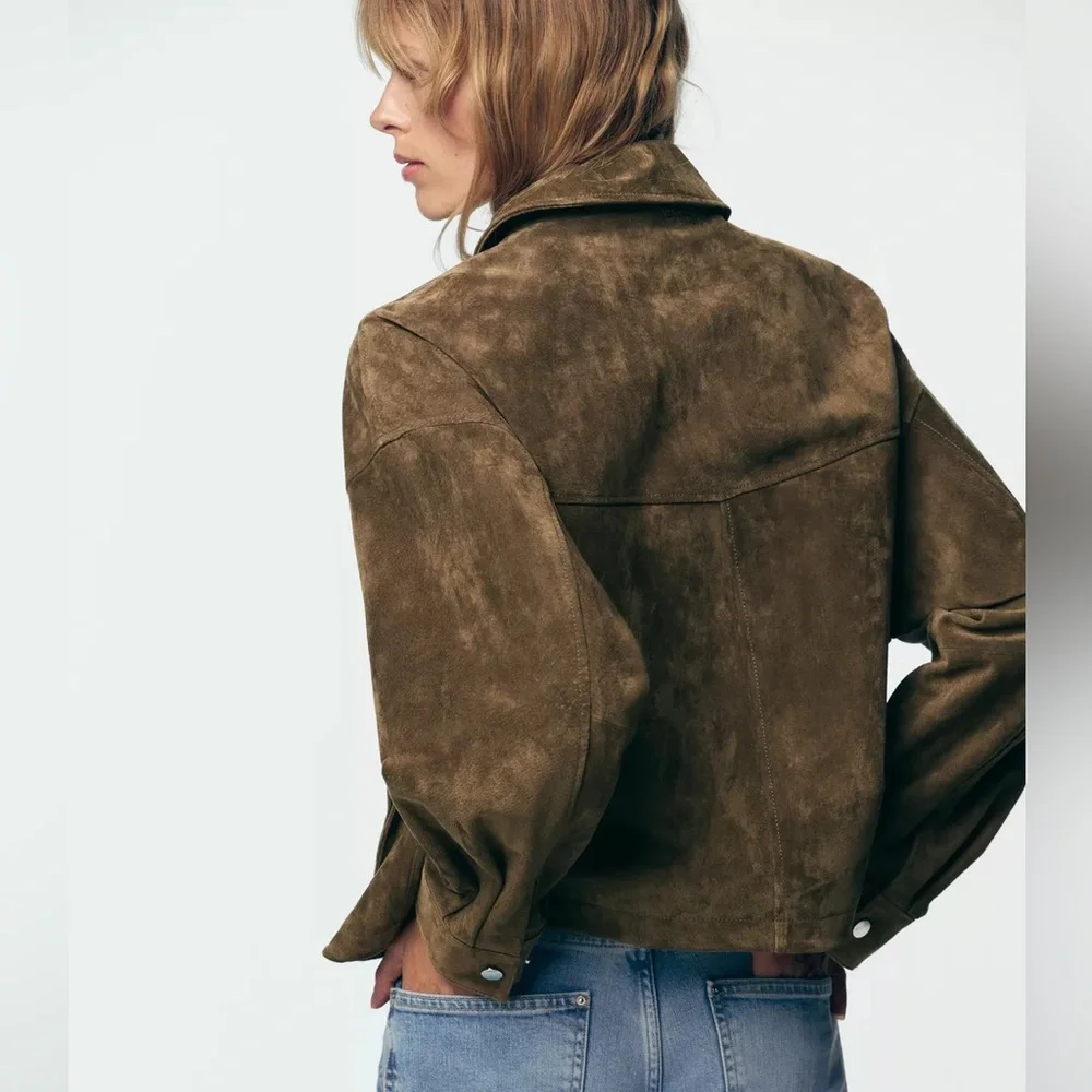 Zara Olive Brown natural suede leather bomber jacket - Picture 10 of 11